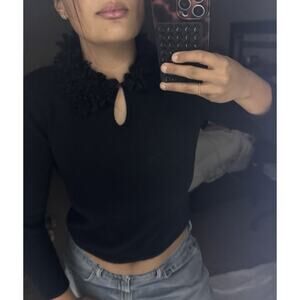 Vintage 90s Uniform John Paul Richard Black Fuzzy Collar Knit Sweater Top S Y2K